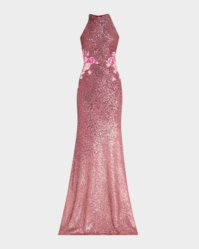 Floral Embroidered Ombre Sequin Halter Gown